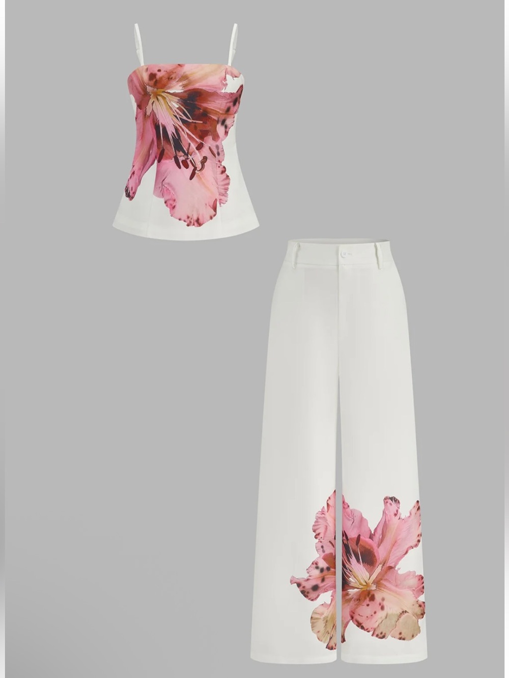 White Wide-Leg Pants with Pink Floral Print